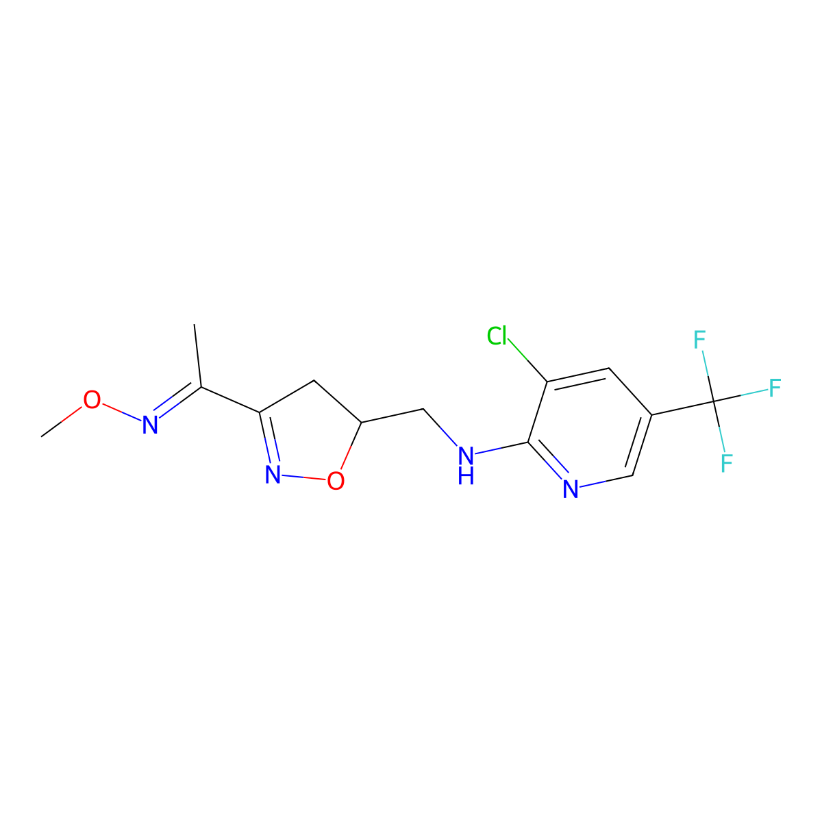 3-chloro-N-({3-[(1E)-1-(methoxyimino)ethyl]-4,5-dihydro-1,2-oxazol-5-yl}methyl)-5-(trifluoromethyl)pyridin-2-amine molecular structure, CAS 344276-92-2