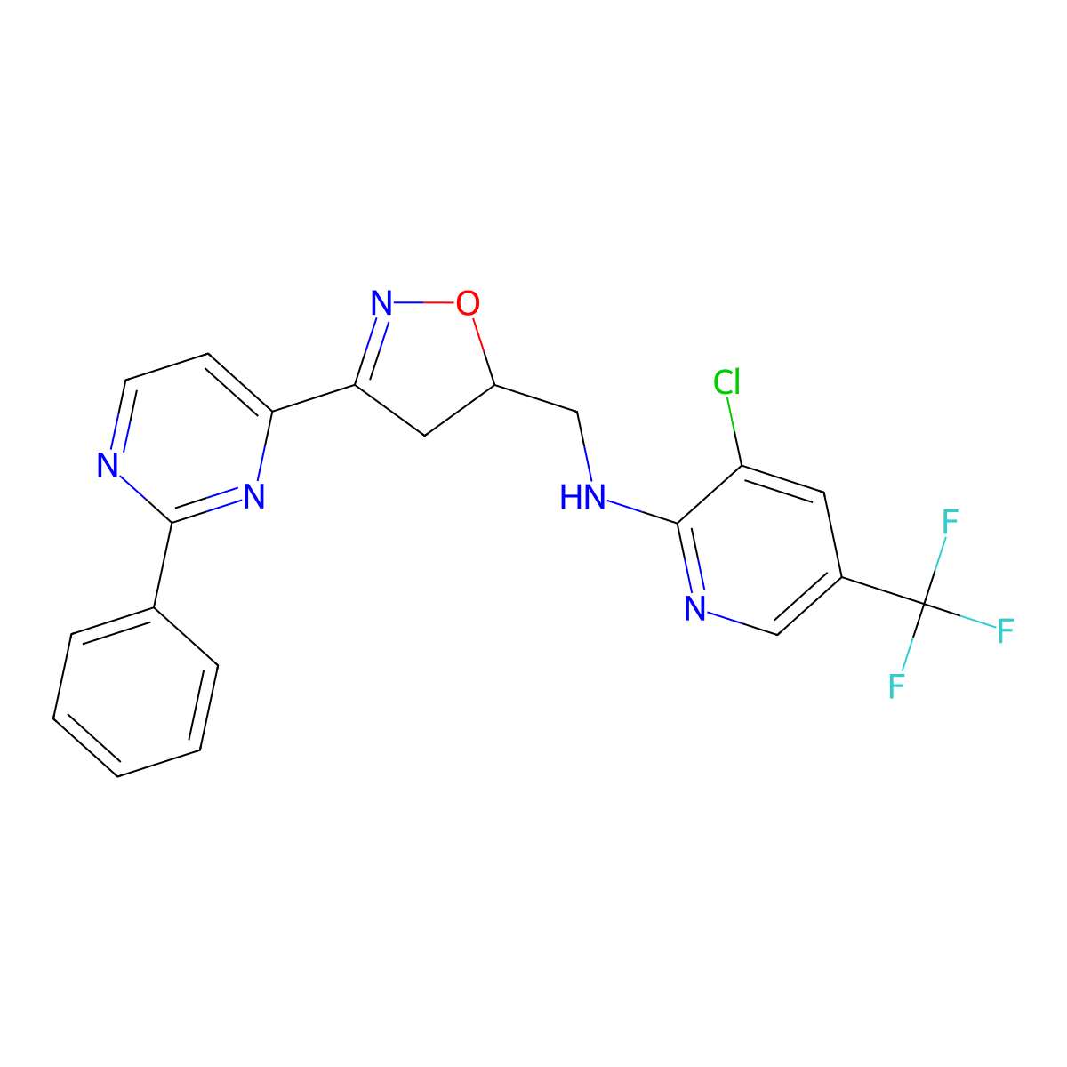 3-chloro-N-{[3-(2-phenyl-4-pyrimidinyl)-4,5-dihydro-5-isoxazolyl]methyl}-5-(trifluoromethyl)-2-pyridinamine molecular structure, CAS 344277-17-4