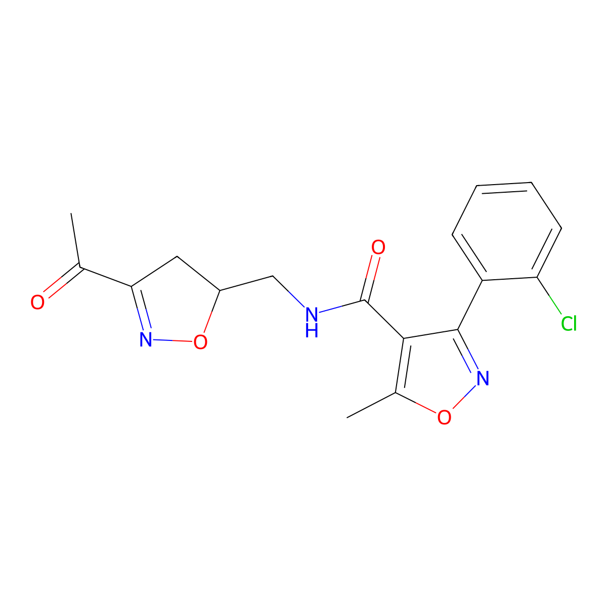 N-[(3-acetyl-4,5-dihydro-1,2-oxazol-5-yl)methyl]-3-(2-chlorophenyl)-5-methyl-1,2-oxazole-4-carboxamide molecular structure, CAS 344277-56-1