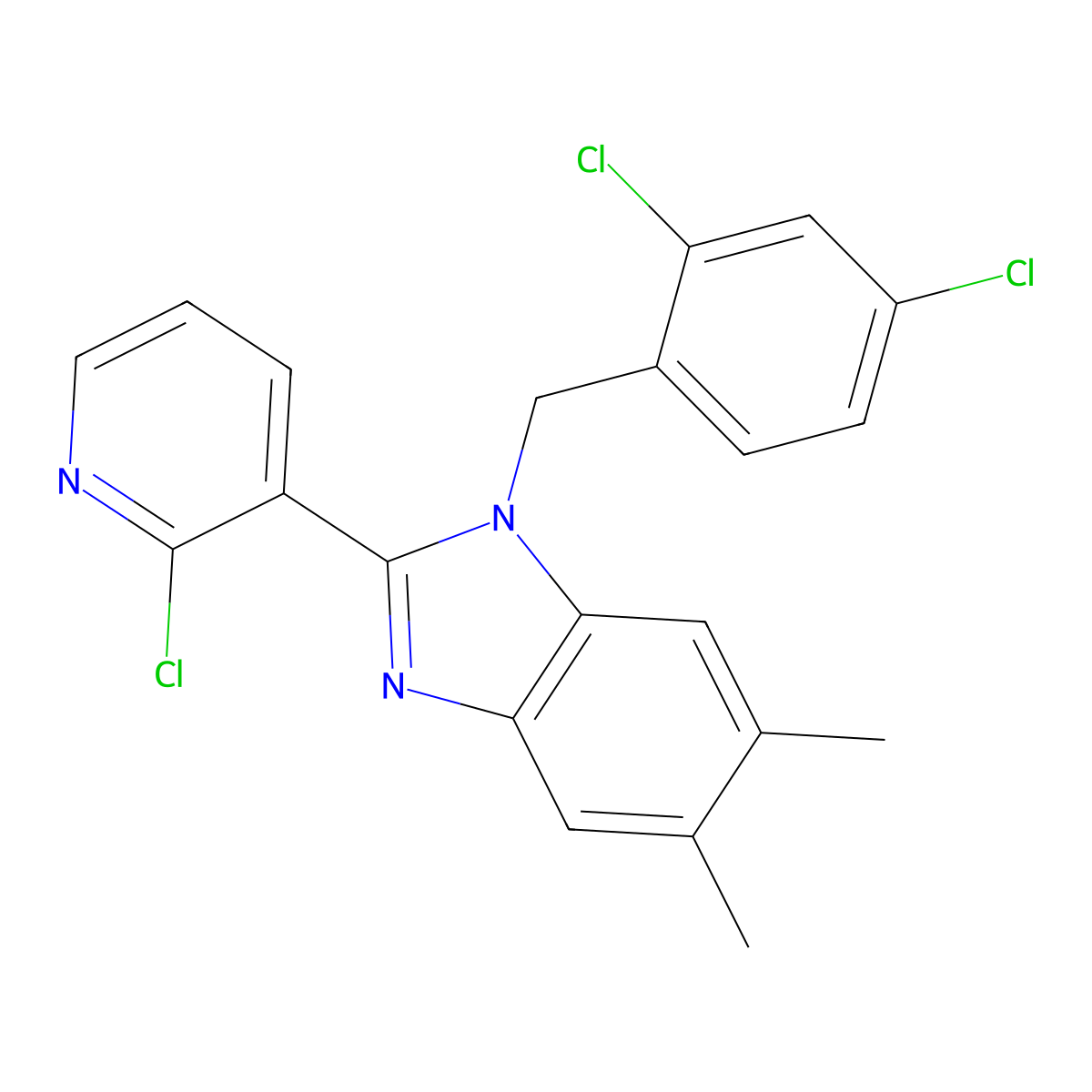 2-(2-chloro-3-pyridinyl)-1-(2,4-dichlorobenzyl)-5,6-dimethyl-1H-1,3-benzimidazole molecular structure, CAS 344279-04-5