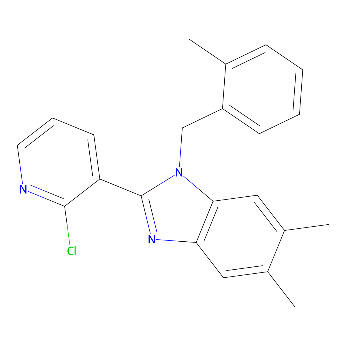2-(2-chloro-3-pyridinyl)-5,6-dimethyl-1-(2-methylbenzyl)-1H-1,3-benzimidazole molecular structure, CAS 344279-65-8