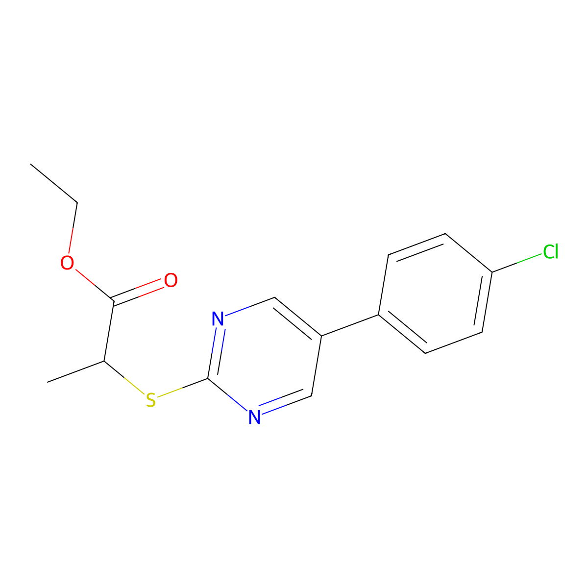 Ethyl 2-{[5-(4-chlorophenyl)-2-pyrimidinyl]sulfanyl}propanoate molecular structure, CAS 344281-64-7