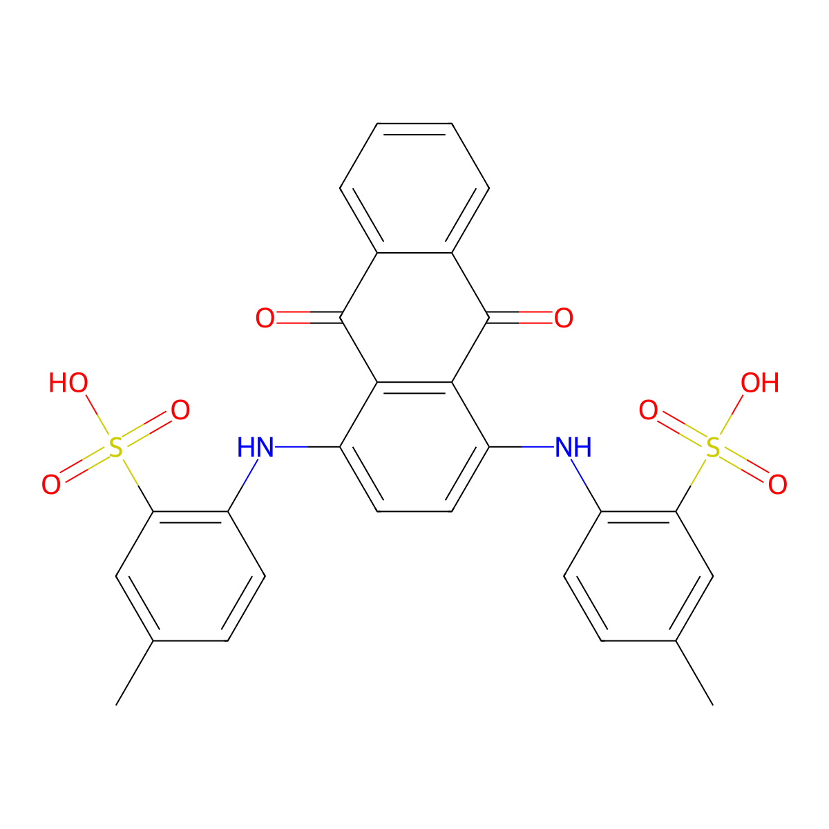 Benzenesulfonic acid, 2,2'-[(9,10-dihydro-9,10-dioxo-1,4-anthracenediyl)diimino]bis[5-methyl- molecular structure, CAS 3443-90-1