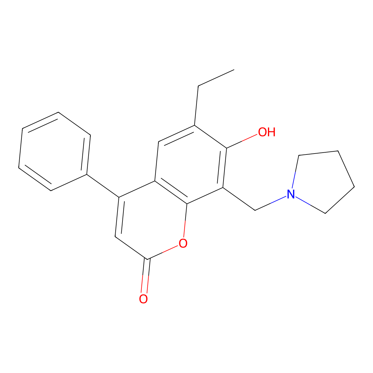 6-ethyl-7-hydroxy-4-phenyl-8-(pyrrolidin-1-ylmethyl)-2H-chromen-2-one molecular structure, CAS 344743-81-3