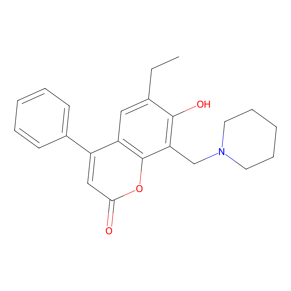6-ethyl-7-hydroxy-4-phenyl-8-(piperidin-1-ylmethyl)-2H-chromen-2-one molecular structure, CAS 344743-82-4