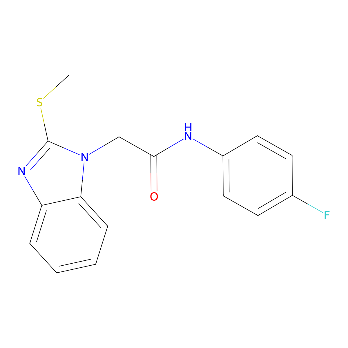 N-(4-fluorophenyl)-2-(2-methylsulfanylbenzimidazol-1-yl)acetamide molecular structure, CAS 344896-55-5