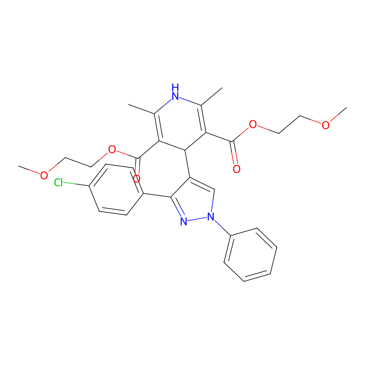 bis(2-methoxyethyl) 4-(3-(4-chlorophenyl)-1-phenyl-1H-pyrazol-4-yl)-2,6-dimethyl-1,4-dihydropyridine-3,5-dicarboxylate molecular structure, CAS 344912-53-4