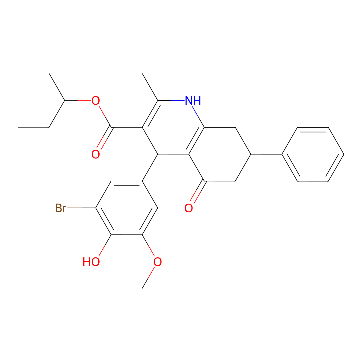 Butan-2-yl 4-(3-bromo-4-hydroxy-5-methoxyphenyl)-2-methyl-5-oxo-7-phenyl-1,4,5,6,7,8-hexahydroquinoline-3-carboxylate molecular structure, CAS 345237-49-2