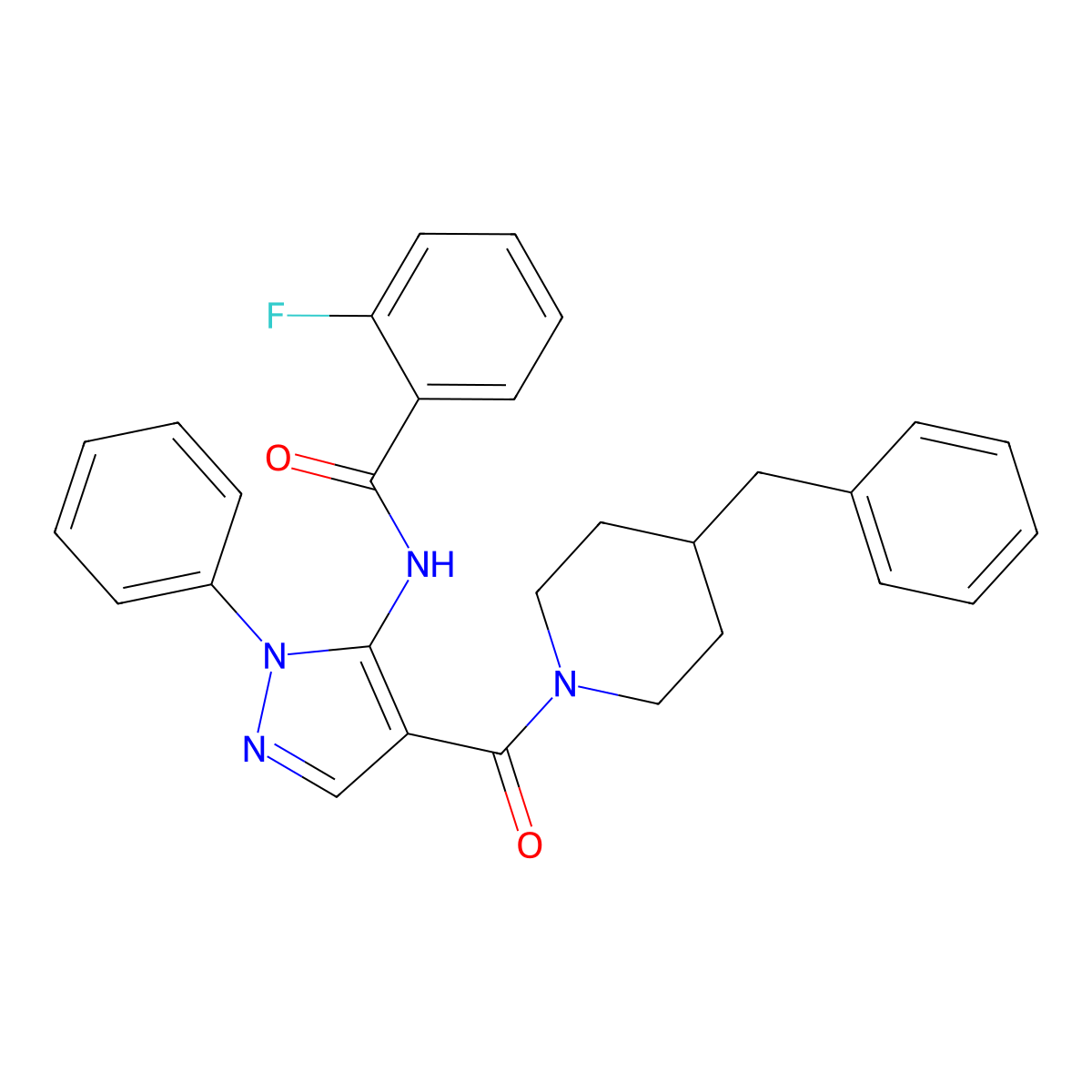 N-[4-(4-benzylpiperidine-1-carbonyl)-2-phenylpyrazol-3-yl]-2-fluorobenzamide molecular structure, CAS 345244-98-6