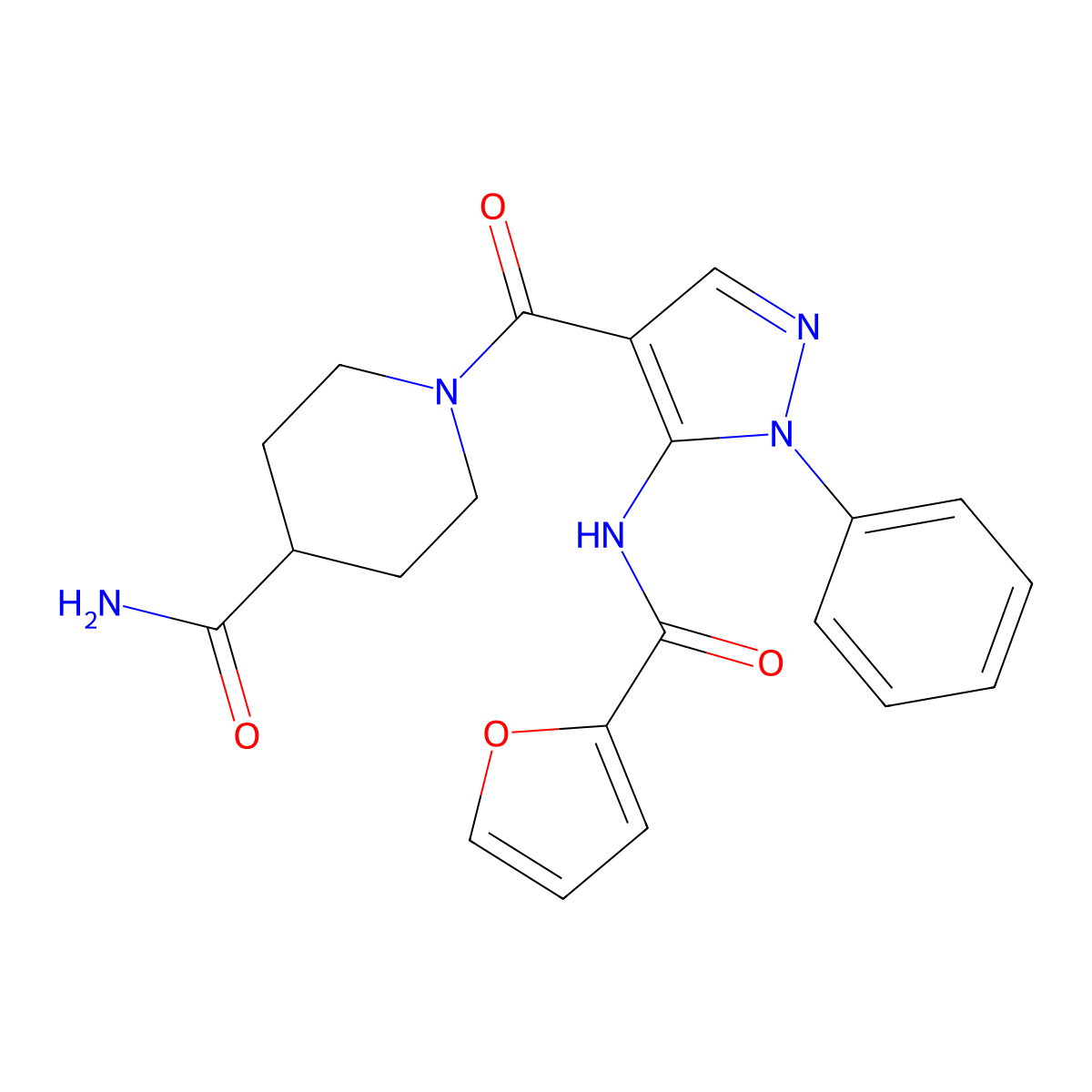 1-[5-(Furan-2-carbonylamino)-1-phenylpyrazole-4-carbonyl]piperidine-4-carboxamide molecular structure, CAS 345245-00-3