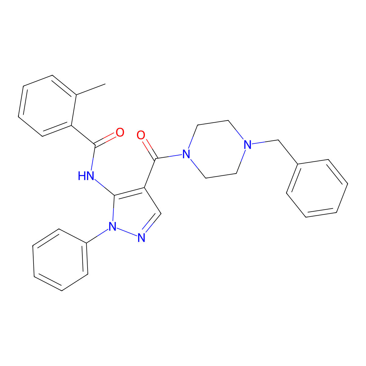 N-[4-(4-benzylpiperazine-1-carbonyl)-2-phenylpyrazol-3-yl]-2-methylbenzamide molecular structure, CAS 345288-04-2