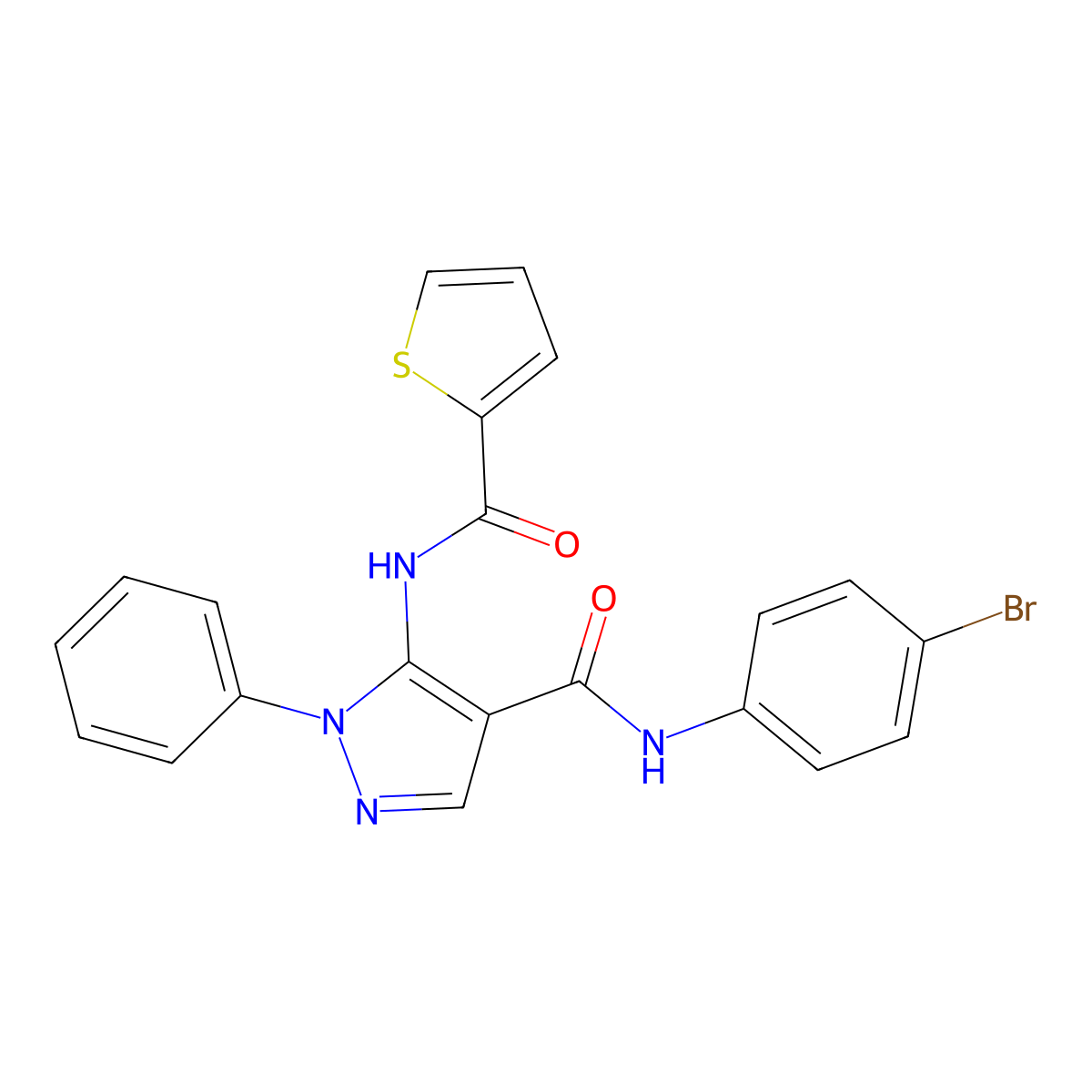 N-(4-bromophenyl)-1-phenyl-5-(thiophene-2-carbonylamino)pyrazole-4-carboxamide molecular structure, CAS 345288-18-8