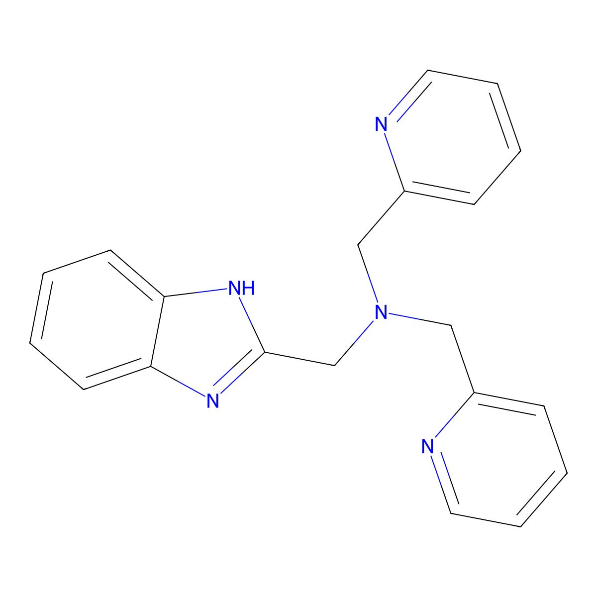 N-((1H-Benzo[d]imidazol-2-yl)methyl)-1-(pyridin-2-yl)-N-(pyridin-2-ylmethyl)methanamine molecular structure, CAS 345349-15-7