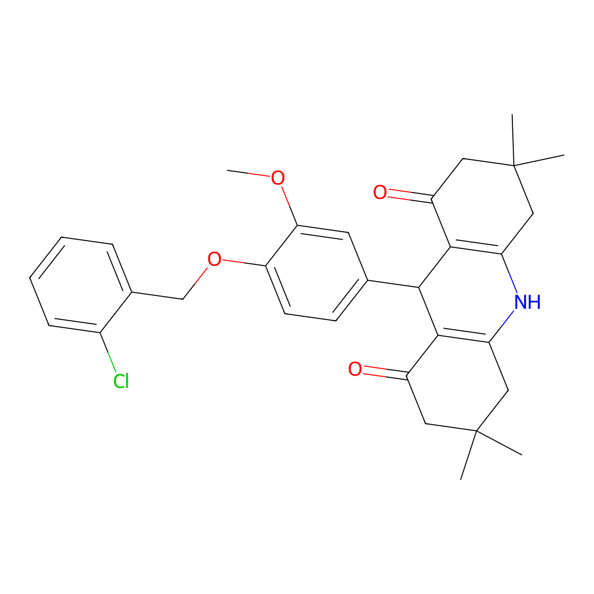 9-[4-[(2-Chlorophenyl)methoxy]-3-methoxyphenyl]-3,3,6,6-tetramethyl-2,4,5,7,9,10-hexahydroacridine-1,8-dione molecular structure, CAS 345370-88-9