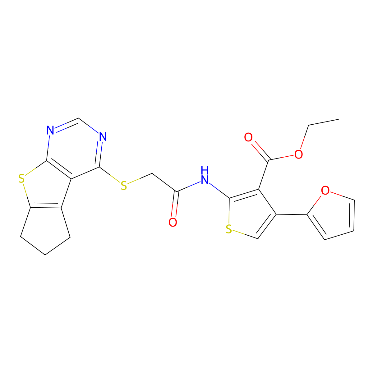 ethyl 2-(2-((6,7-dihydro-5H-cyclopenta[4,5]thieno[2,3-d]pyrimidin-4-yl)thio)acetamido)-4-(furan-2-yl)thiophene-3-carboxylate molecular structure, CAS 345615-49-8