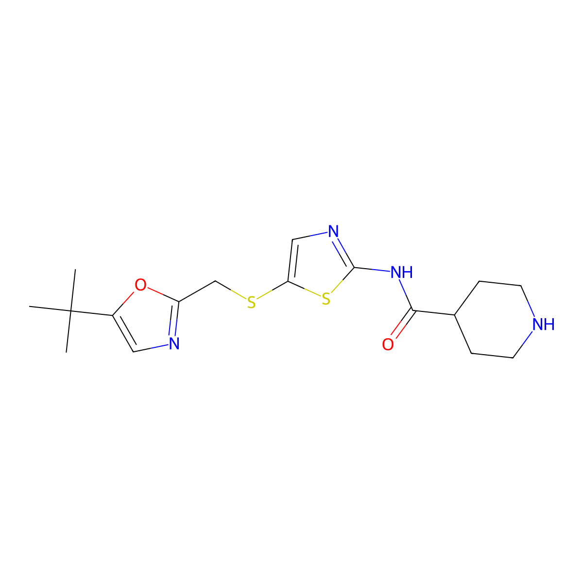 N-(5-(((5-(1,1-Dimethylethyl)-2-oxazolyl)methyl)thio)-2-thiazolyl)-4-piperidinecarboxamide molecular structure, CAS 345627-80-7