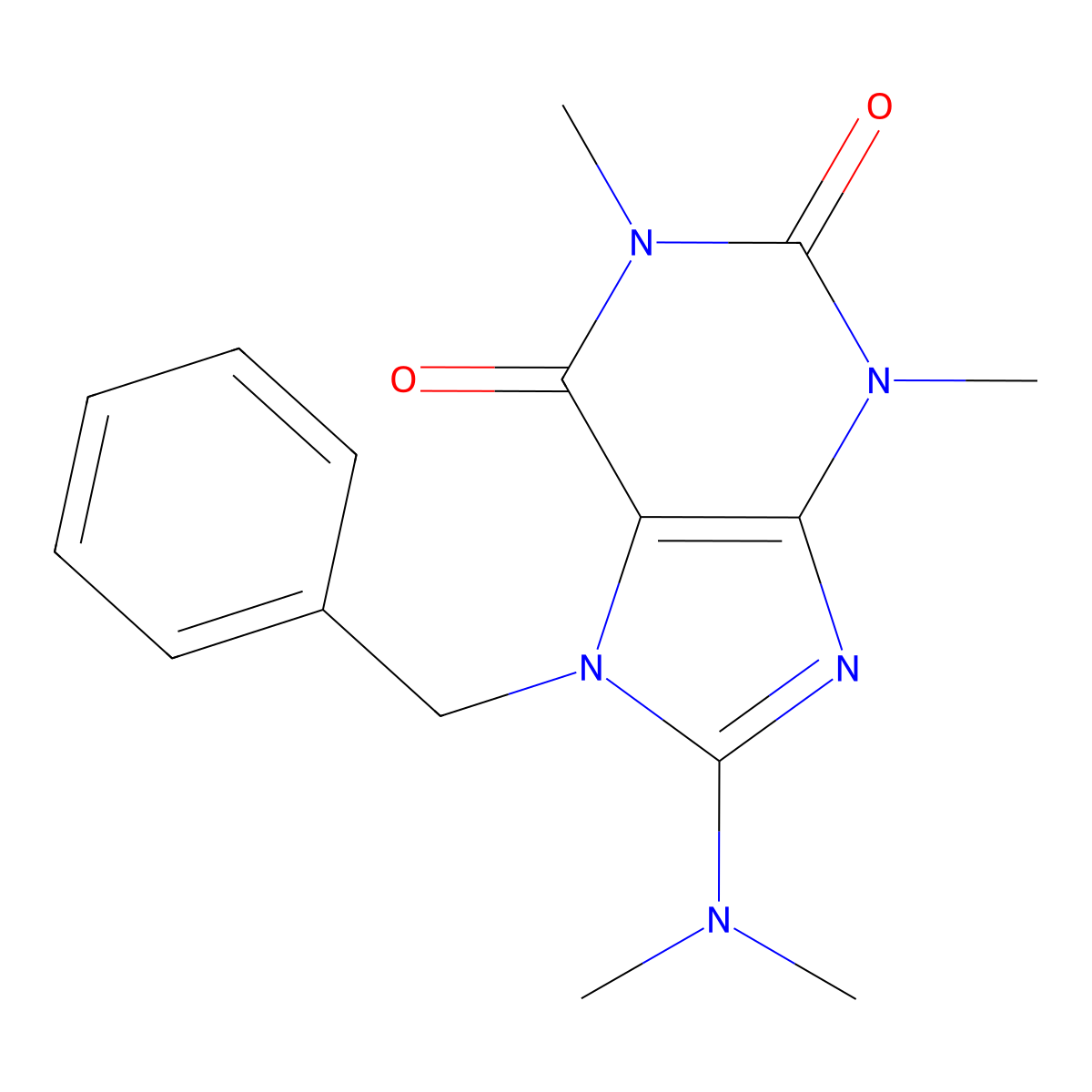 7-Benzyl-8-dimethylamino-1,3-dimethyl-3,7-dihydro-purine-2,6-dione molecular structure, CAS 34594-77-9