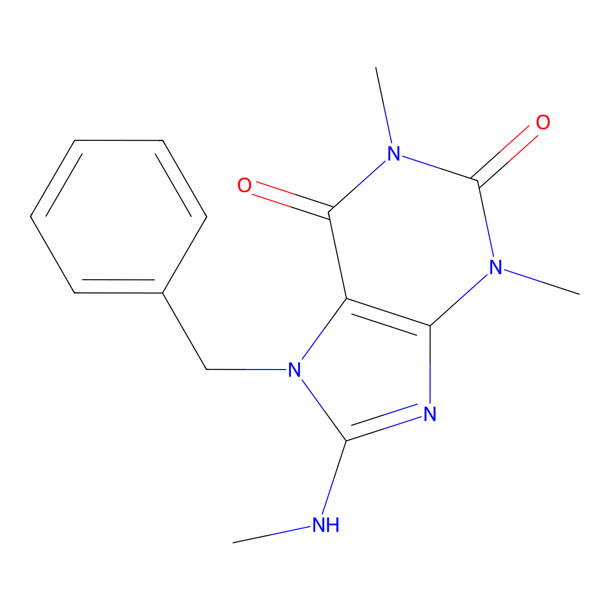 7-Benzyl-1,3-dimethyl-8-methylamino-3,7-dihydro-purine-2,6-dione molecular structure, CAS 34594-93-9