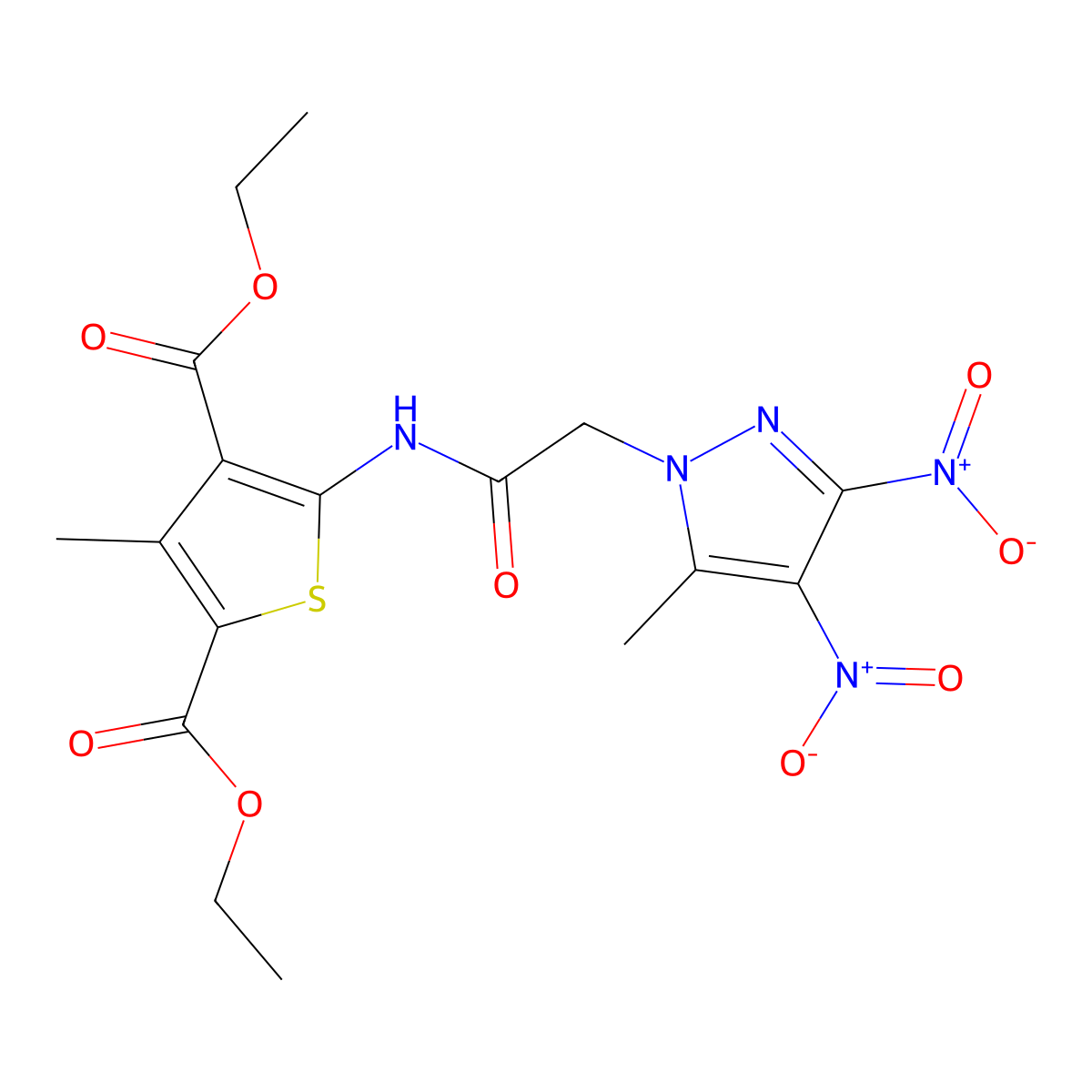 Diethyl 3-methyl-5-[[2-(5-methyl-3,4-dinitropyrazol-1-yl)acetyl]amino]thiophene-2,4-dicarboxylate molecular structure, CAS 345950-84-7