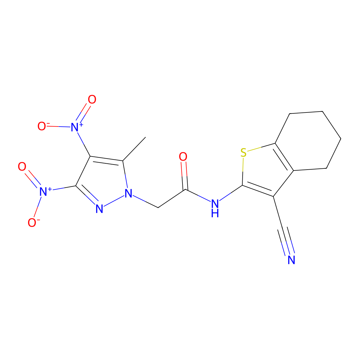 N-(3-cyano-4,5,6,7-tetrahydro-1-benzothiophen-2-yl)-2-(5-methyl-3,4-dinitropyrazol-1-yl)acetamide molecular structure, CAS 345950-85-8
