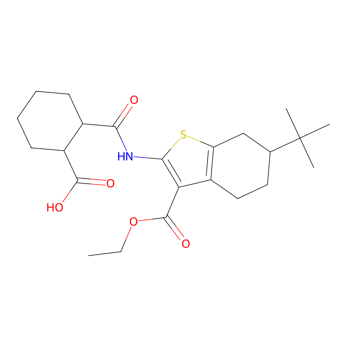 2-[(6-Tert-butyl-3-ethoxycarbonyl-4,5,6,7-tetrahydro-1-benzothiophen-2-yl)carbamoyl]cyclohexane-1-carboxylic acid molecular structure, CAS 345950-93-8