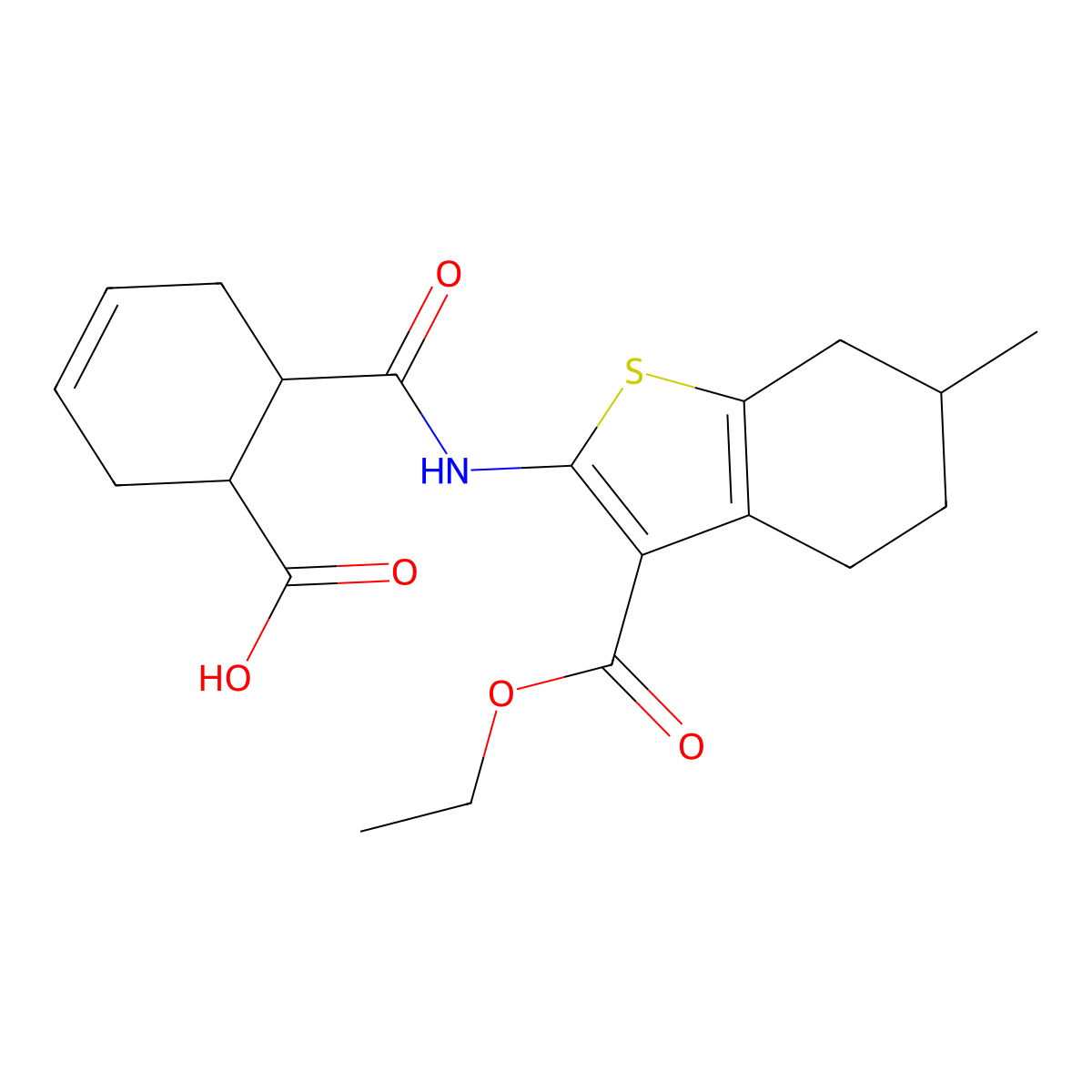 Benzo[b]thiophene-3-carboxylic acid, 2-[[(6-carboxy-3-cyclohexen-1-yl)carbonyl]amino]-4,5,6,7-tetrahydro-6-methyl-, 3-ethyl ester molecular structure, CAS 345950-94-9