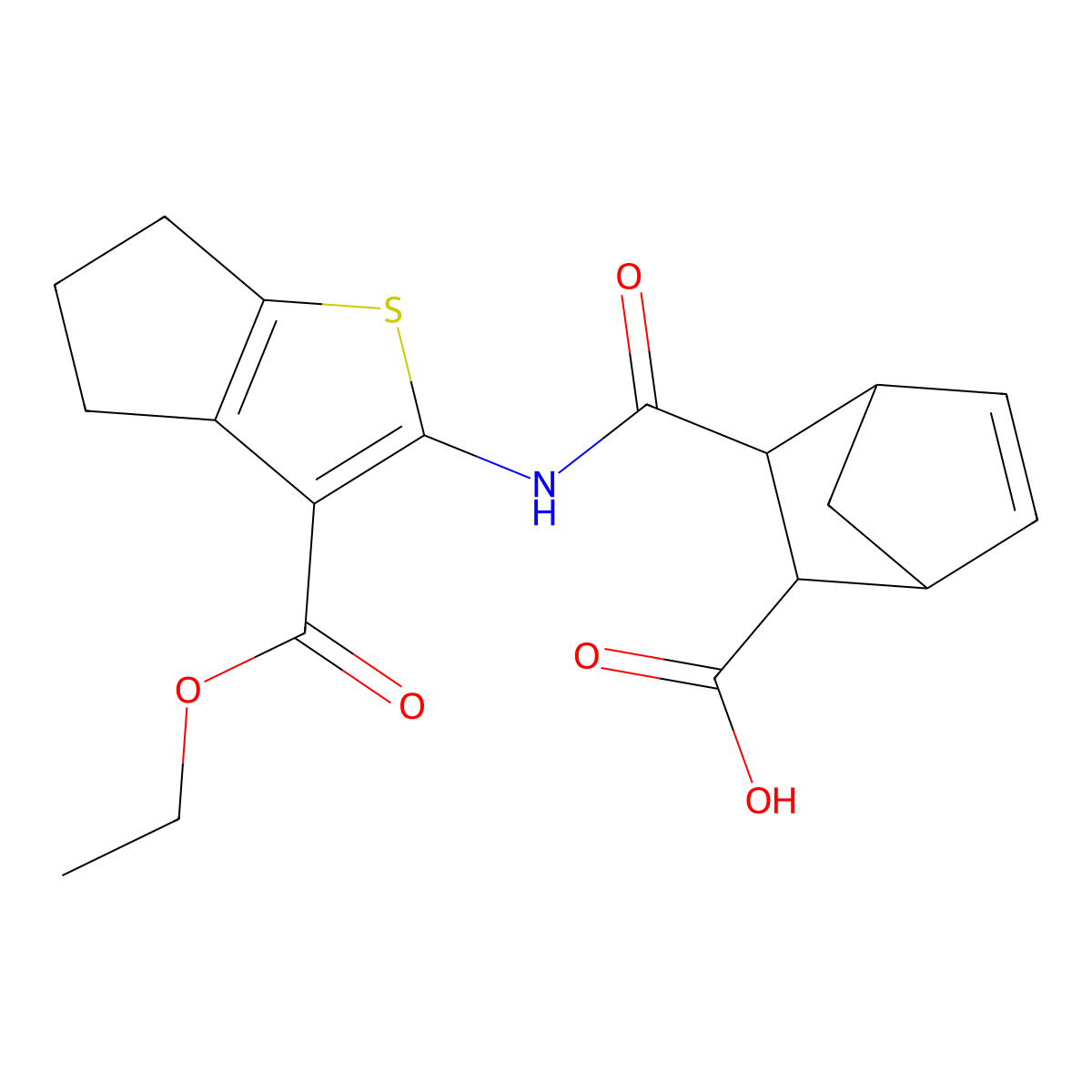 3-((3-(ethoxycarbonyl)-5,6-dihydro-4H-cyclopenta[b]thiophen-2-yl)carbamoyl)bicyclo[2.2.1]hept-5-ene-2-carboxylic acid molecular structure, CAS 345950-96-1