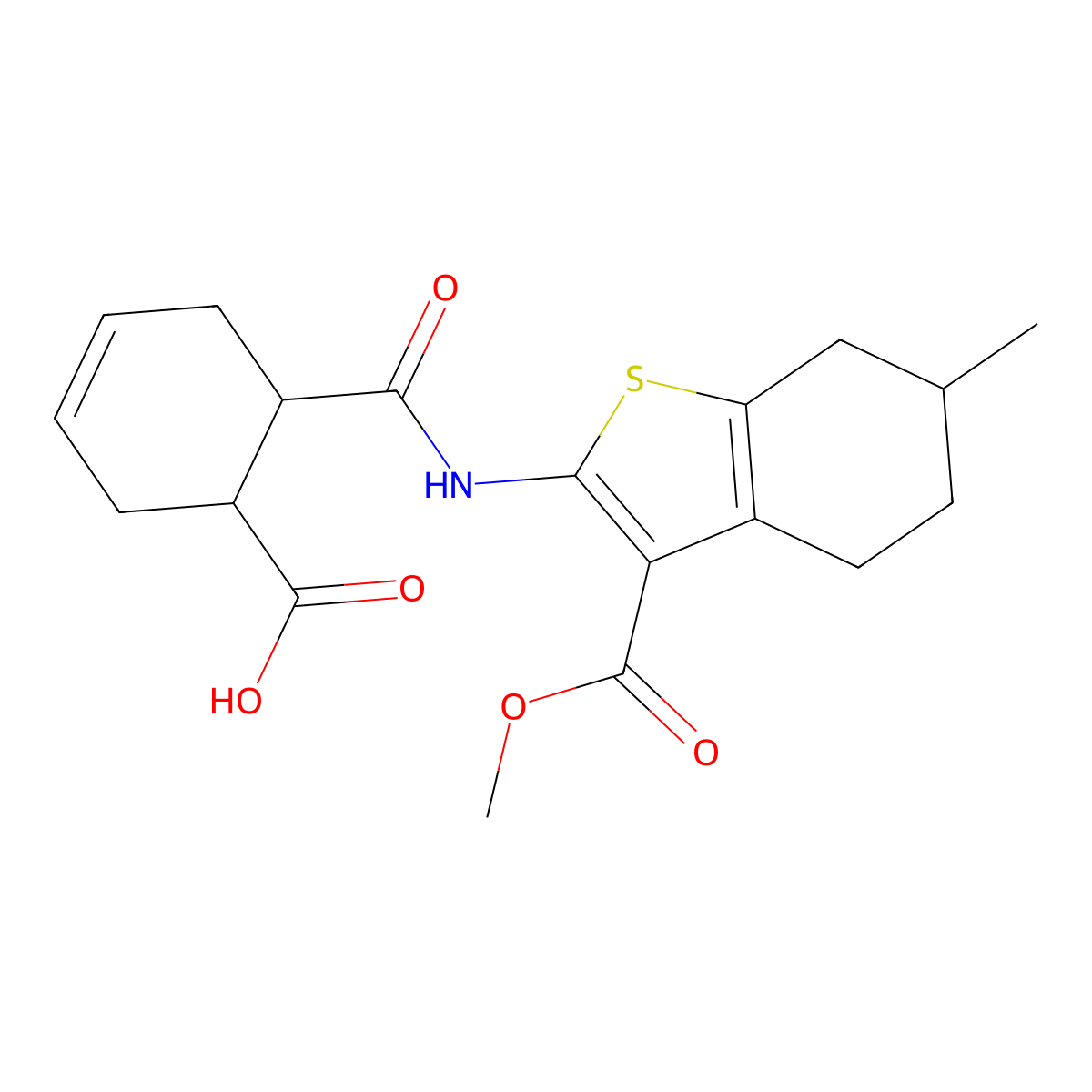 Benzo[b]thiophene-3-carboxylic acid, 2-[[(6-carboxy-3-cyclohexen-1-yl)carbonyl]amino]-4,5,6,7-tetrahydro-6-methyl-, 3-methyl ester molecular structure, CAS 345950-98-3