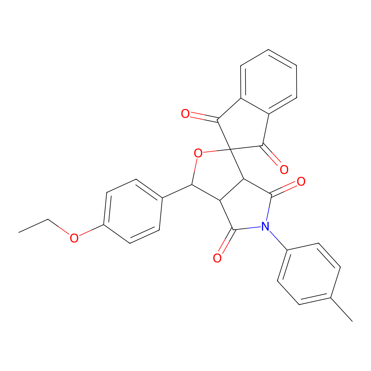 1-(4-ethoxyphenyl)-5-(4-methylphenyl)spiro[3a,6a-dihydro-1H-furo[3,4-c]pyrrole-3,2'-indene]-1',3',4,6-tetrone molecular structure, CAS 345951-21-5