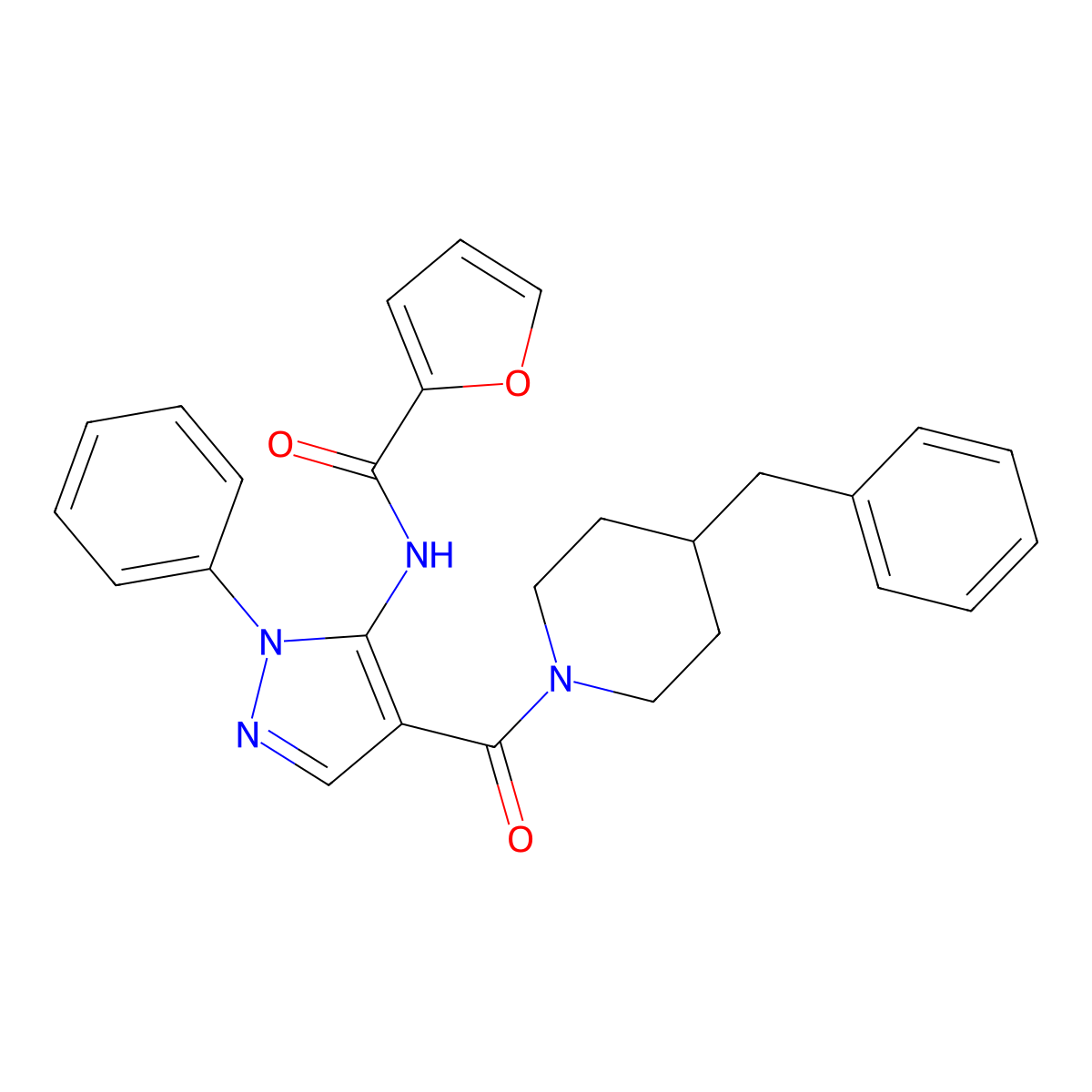 N-[4-(4-benzylpiperidine-1-carbonyl)-2-phenylpyrazol-3-yl]furan-2-carboxamide molecular structure, CAS 345951-28-2