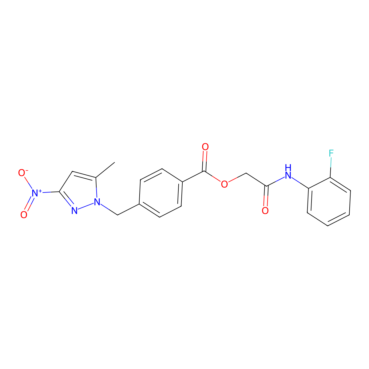 [2-(2-Fluoroanilino)-2-oxoethyl] 4-[(5-methyl-3-nitropyrazol-1-yl)methyl]benzoate molecular structure, CAS 345952-22-9