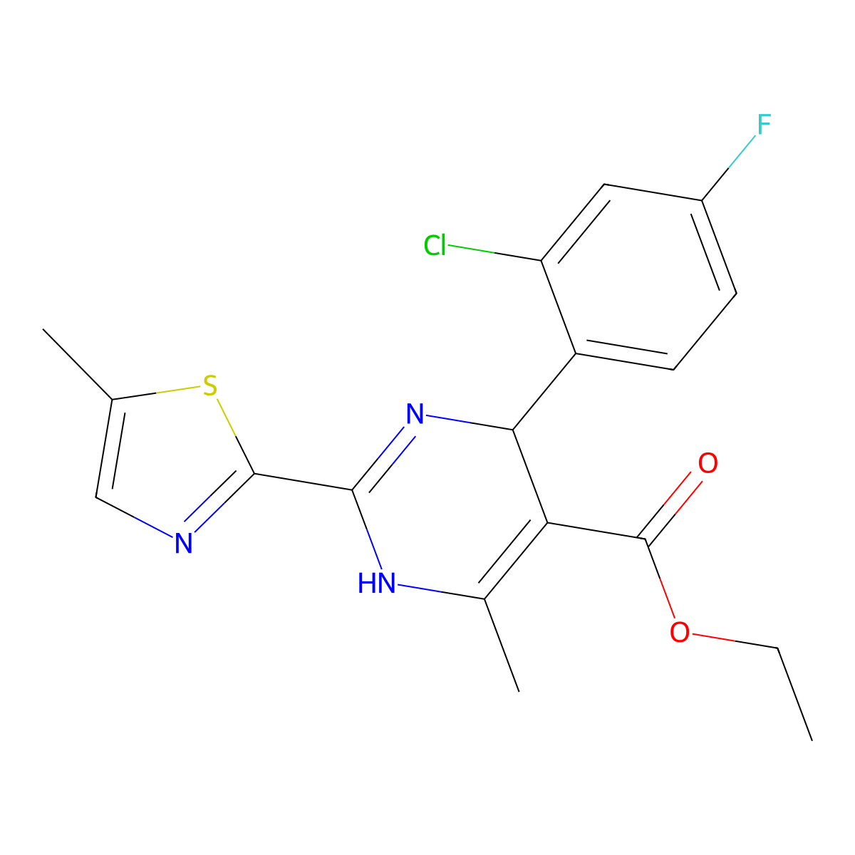 Ethyl 4-(2-chloro-4-fluorophenyl)-6-methyl-2-(5-methylthiazol-2-yl)-1,4-dihydropyrimidine-5-carboxylate molecular structure, CAS 345957-16-6