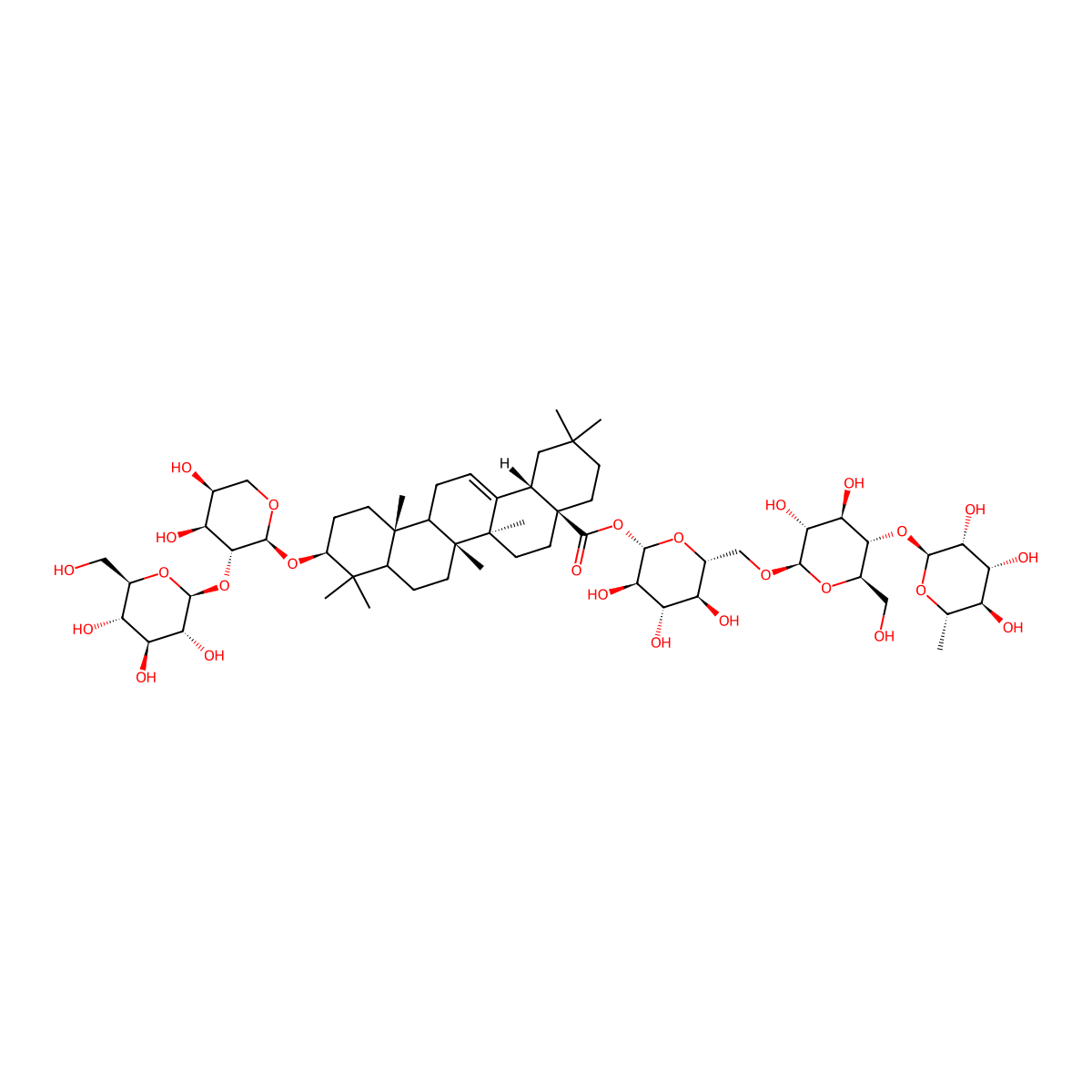 [(2S,3R,4S,5S,6R)-6-[[(2R,3R,4R,5S,6R)-3,4-dihydroxy-6-(hydroxymethyl)-5-[(2S,3R,4R,5R,6S)-3,4,5-trihydroxy-6-methyloxan-2-yl]oxyoxan-2-yl]oxymethyl]-3,4,5-trihydroxyoxan-2-yl] (4aS,6aS,6bR,10S,12aR,14bS)-10-[(2S,3R,4S,5S)-4,5-dihydroxy-3-[(2S,3R,4S,5S,6R)-3,4,5-trihydroxy-6-(hydroxymethyl)oxan-2-yl]oxyoxan-2-yl]oxy-2,2,6a,6b,9,9,12a-heptamethyl-1,3,4,5,6,6a,7,8,8a,10,11,12,13,14b-tetradecahydropicene-4a-carboxylate molecular structure, CAS 345975-37-3
