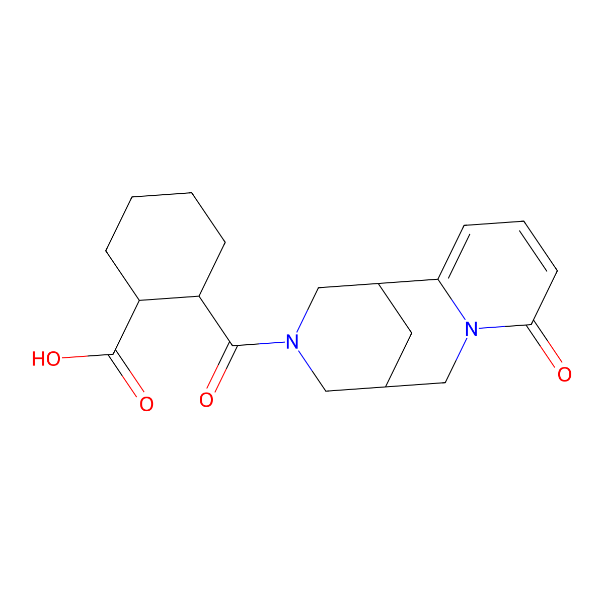 2-[(8-Oxo-1,5,6,8-tetrahydro-2H-1,5-methanopyrido[1,2-a][1,5]diazocin-3(4H)-yl)carbonyl]cyclohexanecarboxylic acid molecular structure, CAS 345977-23-3