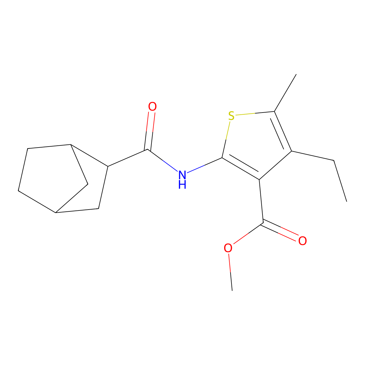 Methyl 2-[(bicyclo[2.2.1]hept-2-ylcarbonyl)amino]-4-ethyl-5-methyl-3-thiophenecarboxylate molecular structure, CAS 345977-30-2