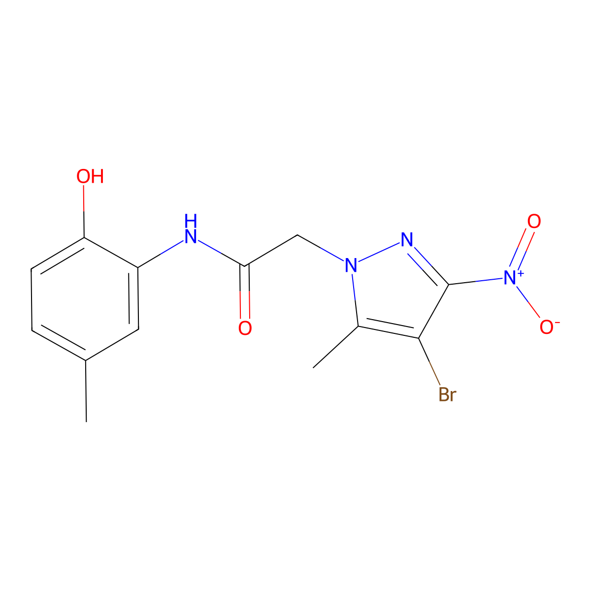 2-(4-bromo-5-methyl-3-nitro-1H-pyrazol-1-yl)-N-(2-hydroxy-5-methylphenyl)acetamide molecular structure, CAS 345977-31-3