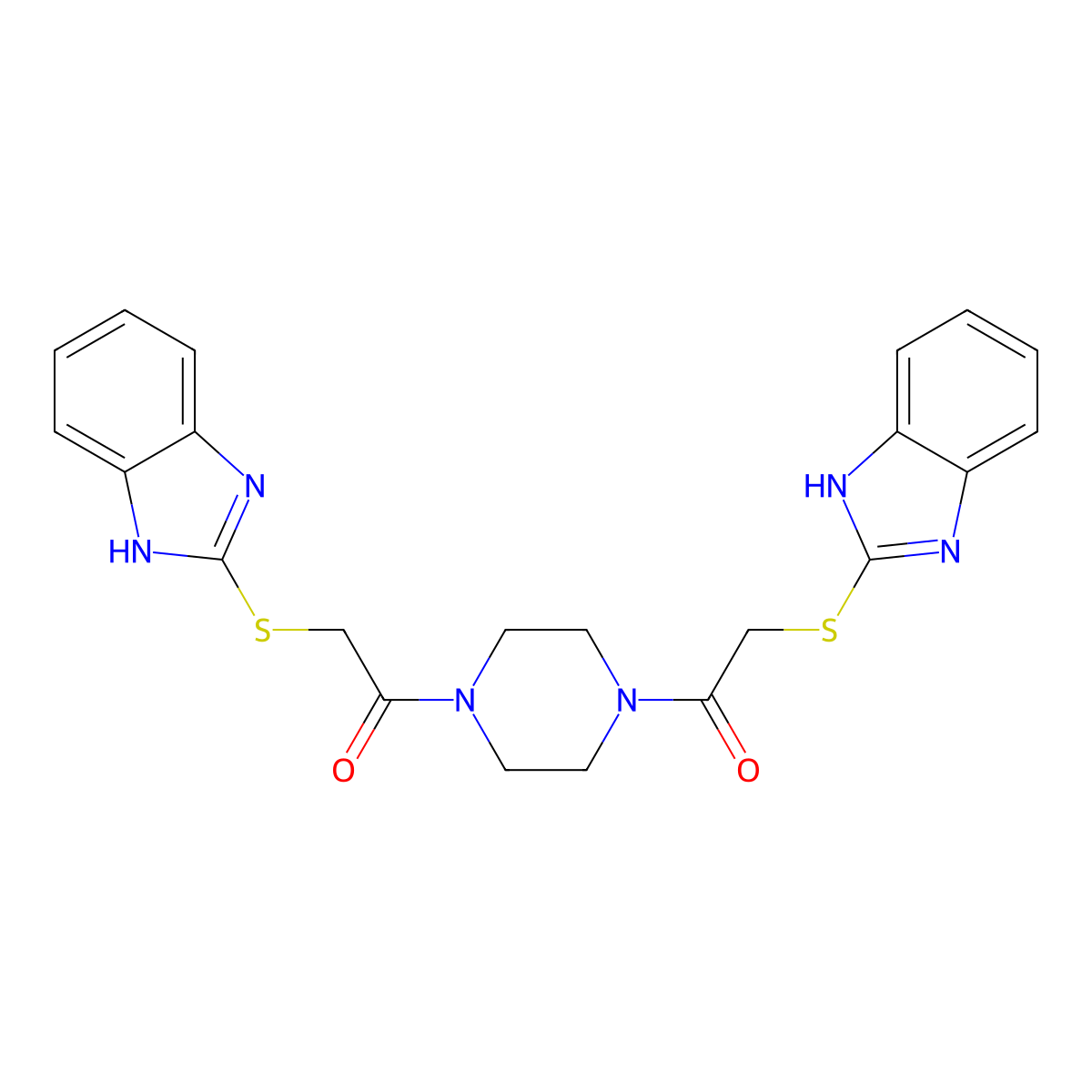 Piperazine, 1,4-bis[(1H-benzimidazol-2-ylthio)acetyl]- molecular structure, CAS 345987-82-8