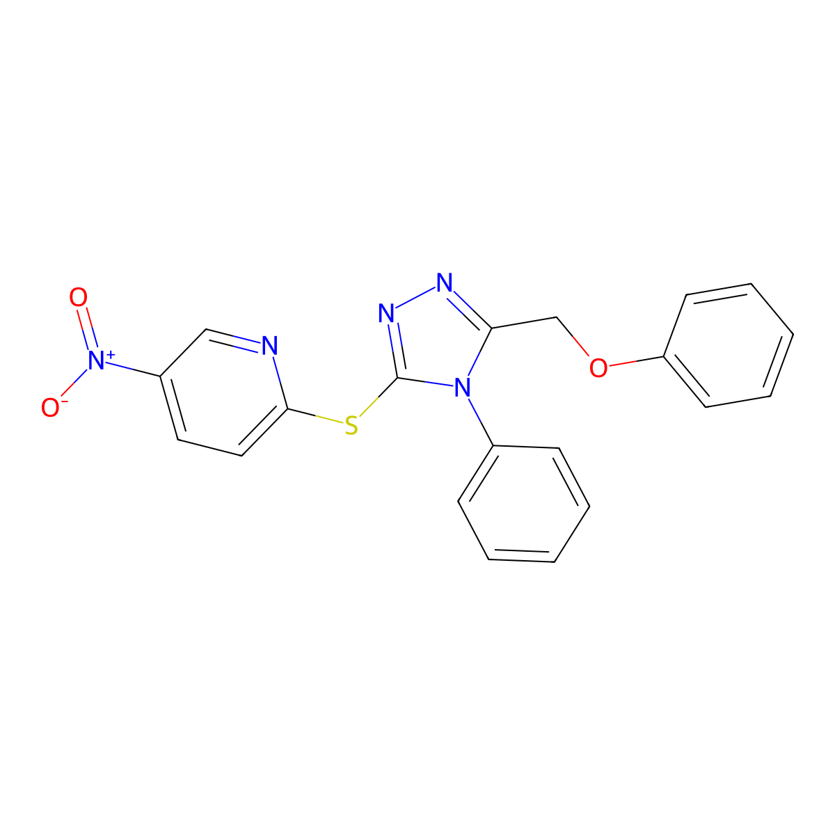 5-Nitro-2-[[5-(phenoxymethyl)-4-phenyl-1,2,4-triazol-3-yl]sulfanyl]pyridine molecular structure, CAS 345989-24-4