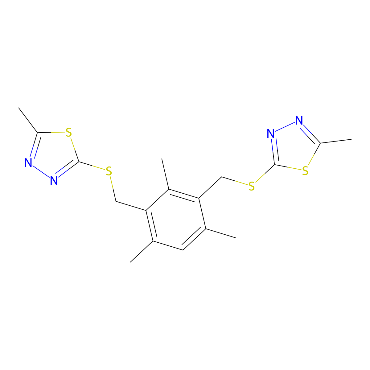 2-Methyl-5-[[2,4,6-trimethyl-3-[(5-methyl-1,3,4-thiadiazol-2-yl)sulfanylmethyl]phenyl]methylsulfanyl]-1,3,4-thiadiazole molecular structure, CAS 345991-10-8