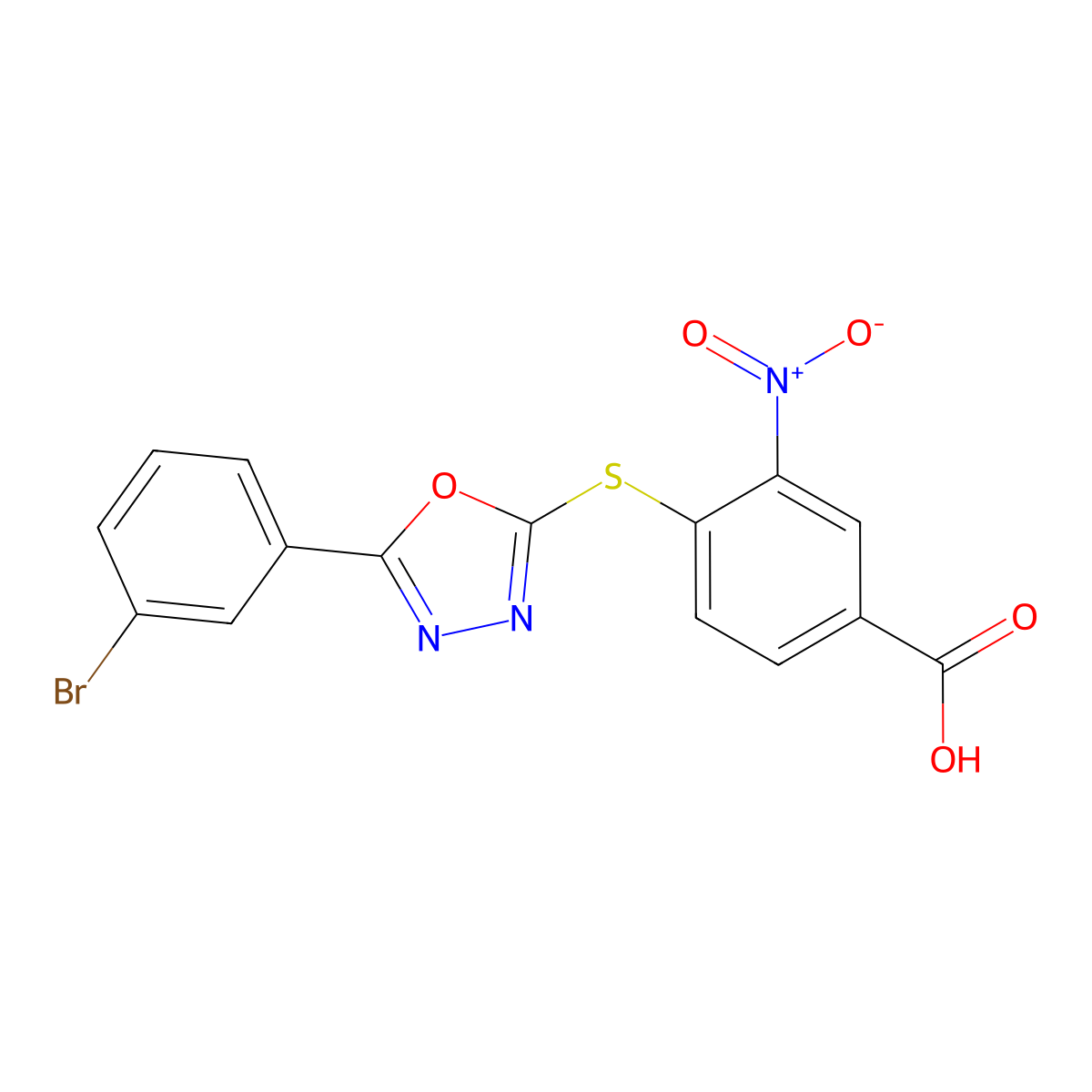 4-[[5-(3-Bromophenyl)-1,3,4-oxadiazol-2-yl]sulfanyl]-3-nitrobenzoic acid molecular structure, CAS 345991-90-4