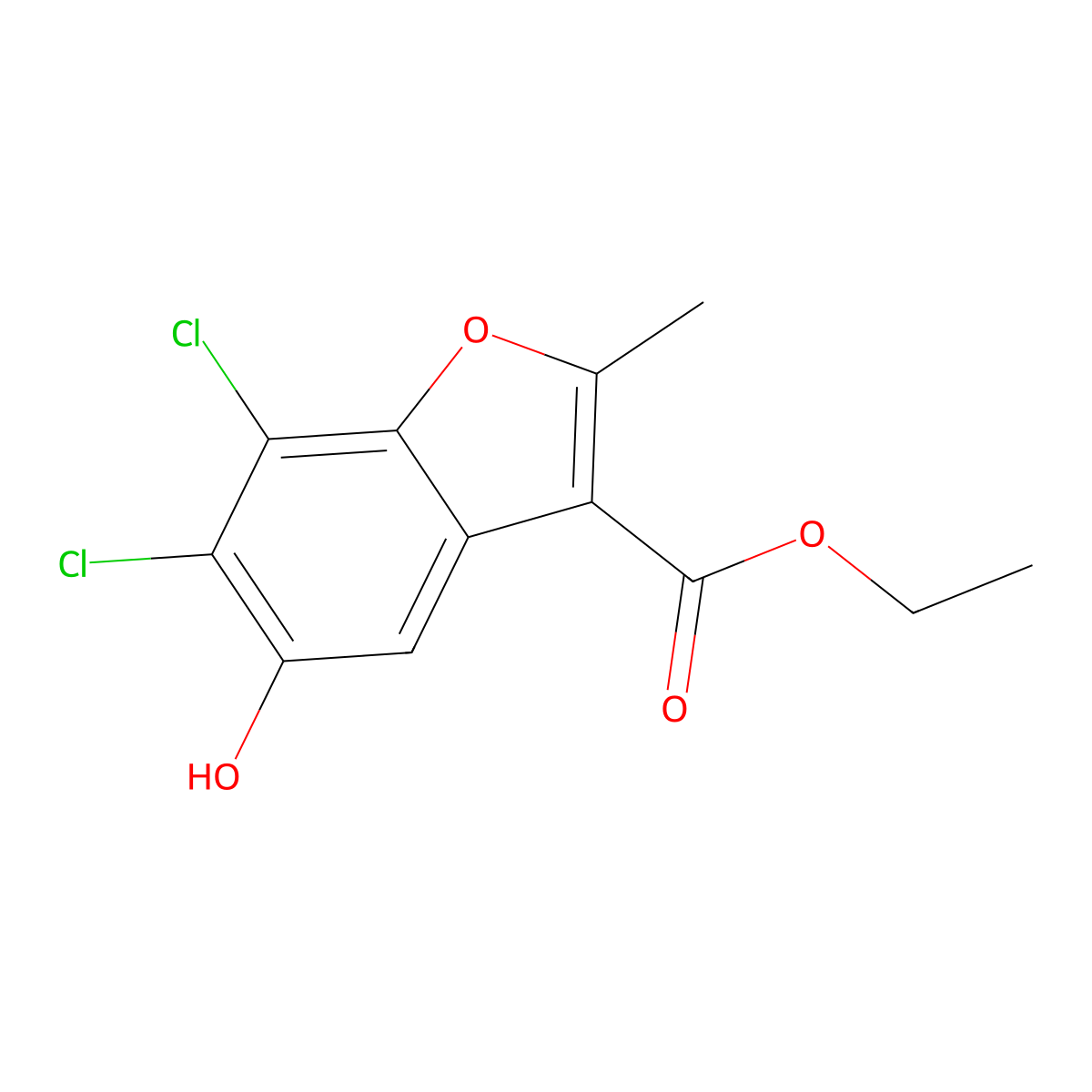 Ethyl 6,7-dichloro-5-hydroxy-2-methyl-1-benzofuran-3-carboxylate molecular structure, CAS 34605-25-9