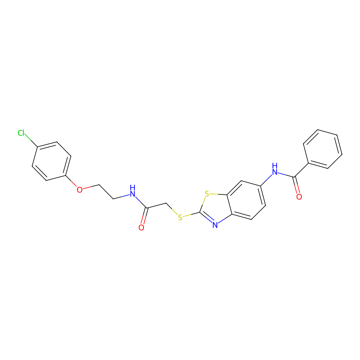 N-[2-[2-[2-(4-chlorophenoxy)ethylamino]-2-oxoethyl]sulfanyl-1,3-benzothiazol-6-yl]benzamide molecular structure, CAS 346410-86-4