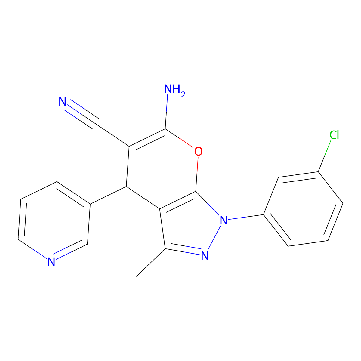 6-Amino-1-(3-chlorophenyl)-3-methyl-4-(3-pyridinyl)-1,4-dihydropyrano[2,3-c]pyrazole-5-carbonitrile molecular structure, CAS 346436-55-3
