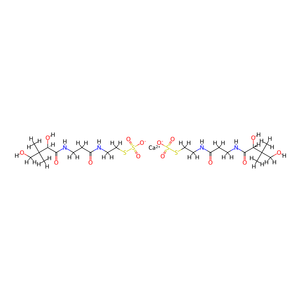 Thiosulfuric acid (H2S2O3), S-2-3-(2R)-2,4-dihydroxy-3,3-dimethyl-1-oxobutylamino-1-oxopropylaminoethyl ester, calcium salt (2:1) molecular structure, CAS 34644-00-3