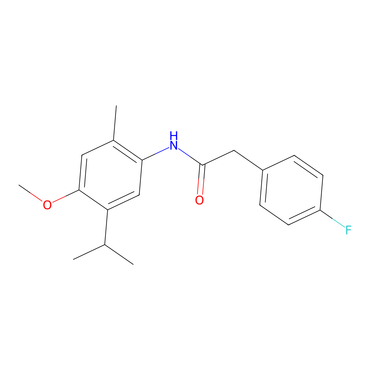 2-(4-fluorophenyl)-N-(4-methoxy-2-methyl-5-propan-2-ylphenyl)acetamide molecular structure, CAS 346443-45-6