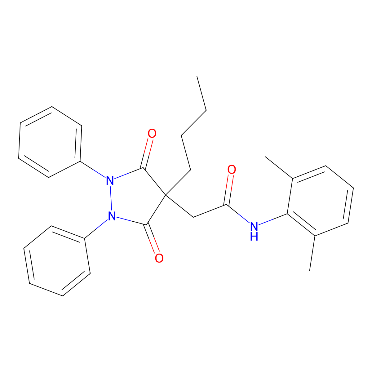 2-(4-butyl-3,5-dioxo-1,2-diphenylpyrazolidin-4-yl)-N-(2,6-dimethylphenyl)acetamide molecular structure, CAS 346446-38-6