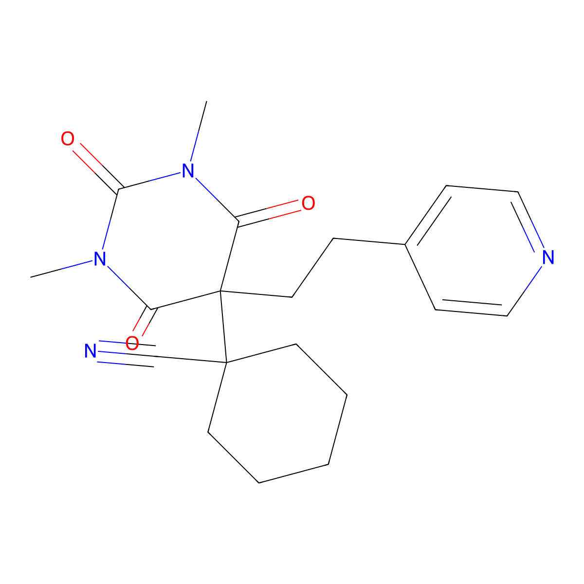 1-[1,3-Dimethyl-2,4,6-trioxo-5-(2-pyridin-4-ylethyl)-1,3-diazinan-5-yl]cyclohexane-1-carbonitrile molecular structure, CAS 346449-45-4