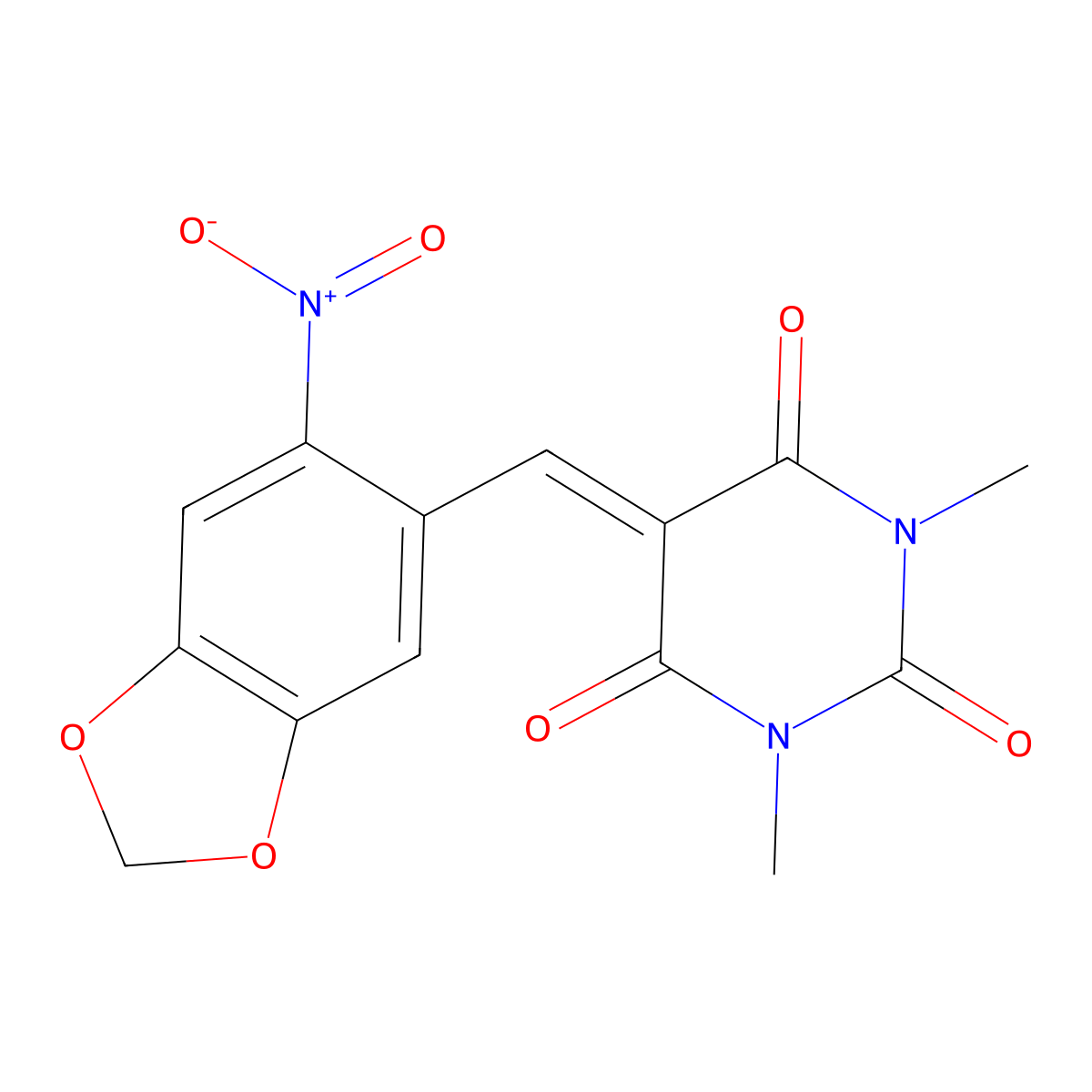1,3-Dimethyl-5-[(6-nitro-1,3-benzodioxol-5-yl)methylidene]-1,3-diazinane-2,4,6-trione molecular structure, CAS 346450-28-0