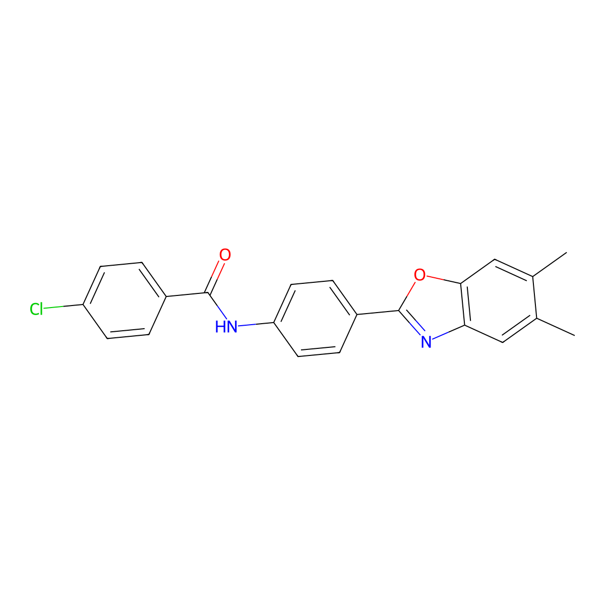 4-chloro-N-[4-(5,6-dimethyl-1,3-benzoxazol-2-yl)phenyl]benzamide molecular structure, CAS 346454-90-8