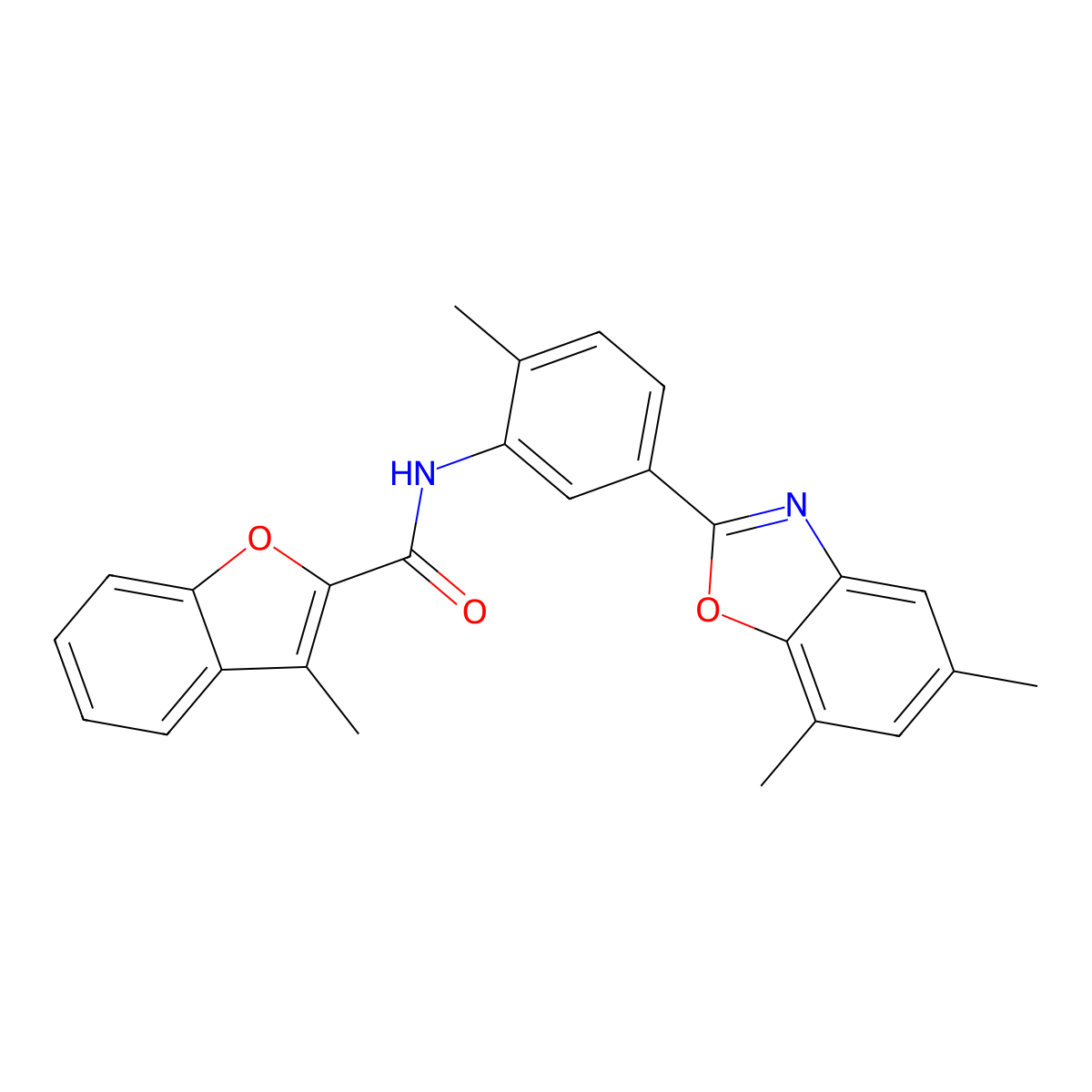N-[5-(5,7-dimethyl-1,3-benzoxazol-2-yl)-2-methylphenyl]-3-methyl-1-benzofuran-2-carboxamide molecular structure, CAS 346455-03-6